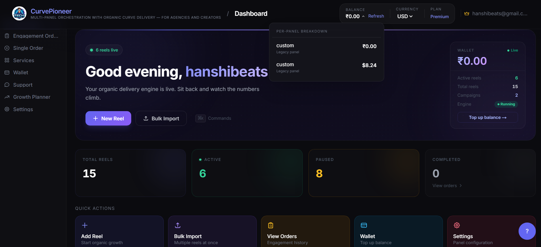 CurvePioneer dashboard — live reels, balance, and quick actions